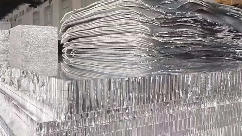 Modern building facade clad with sleek silver aluminum honeycomb panels, demonstrating its use in contemporary architecture.